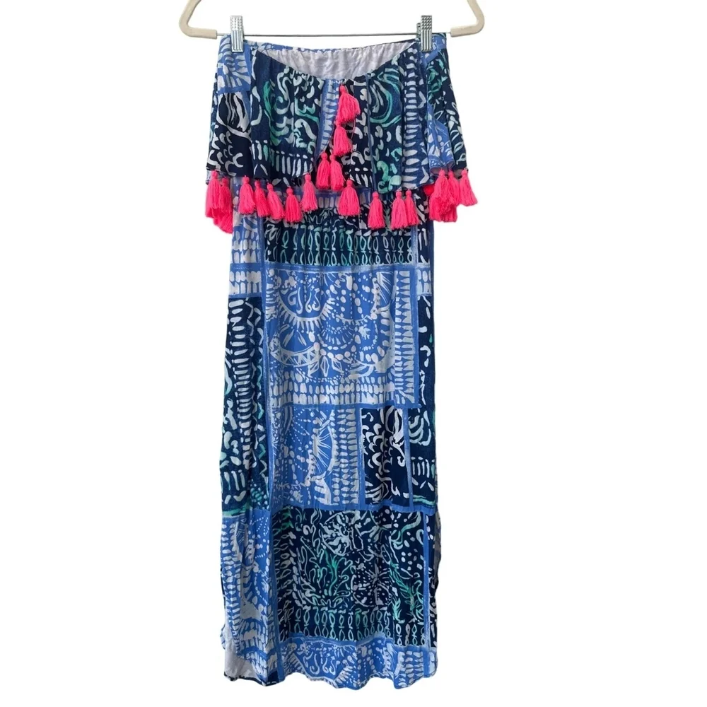 Lilly Pulitzer Meridian Blue Patchwork Strapless Maxi Dress with Pink Tassels - Picture 4 of 4
